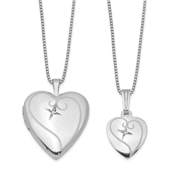 Silver Rhodium-PLT Diamond Heart 18in Locket Necklace 14in Pendant Necklace Set